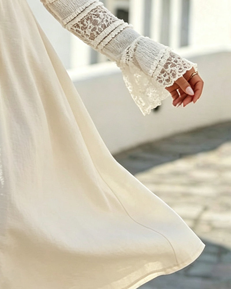 Robe Unie Col V Dentelle Patchwork