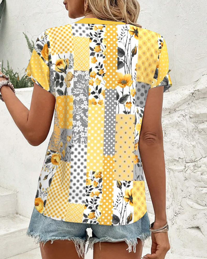 Blouse Col En V Manches Courtes Imprimé Floral