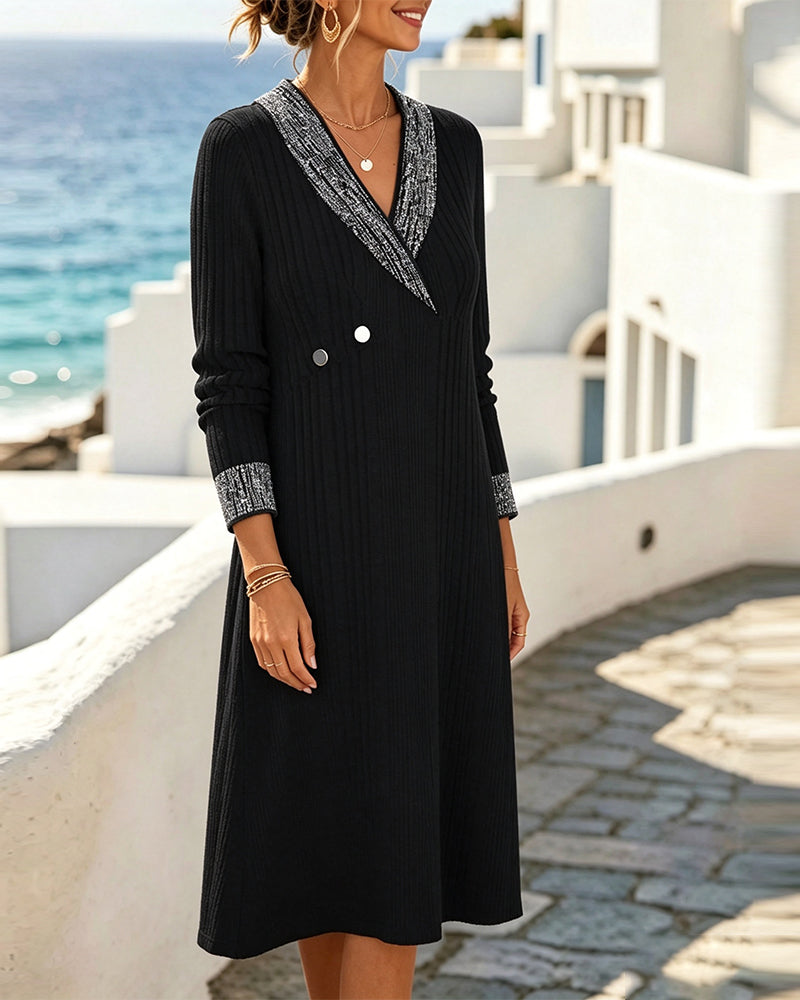 Robe Col V Bloc De Couleur Décontractée