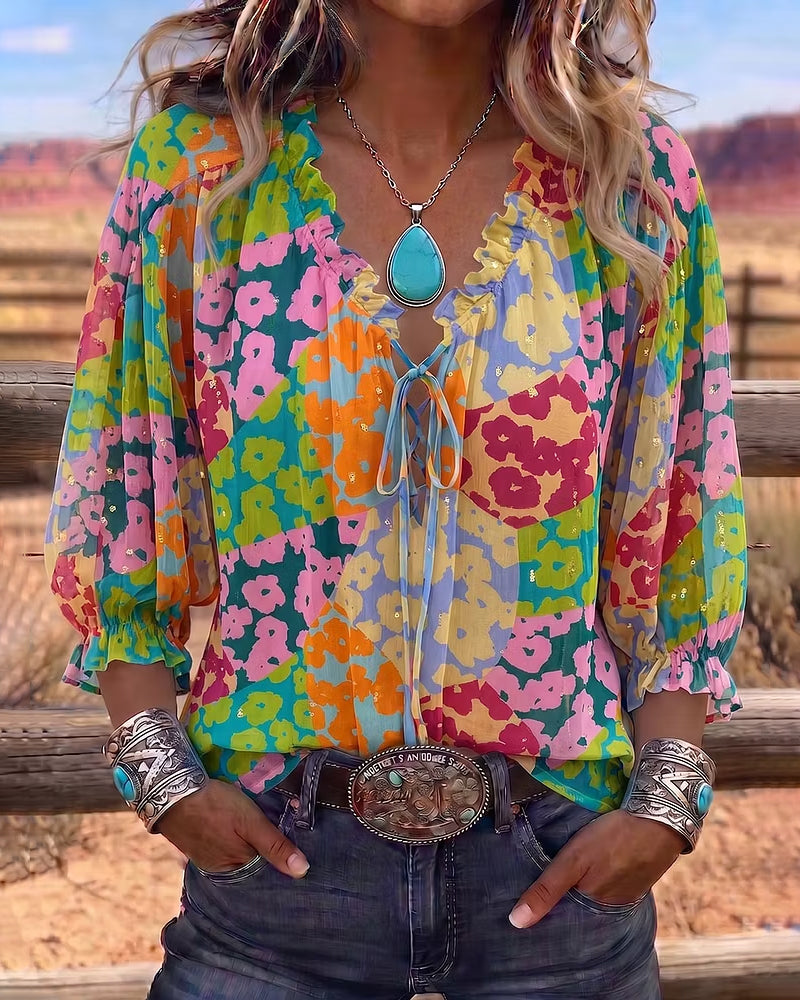 Blouse Florale Col En V Attache Devant Manche Bouffante