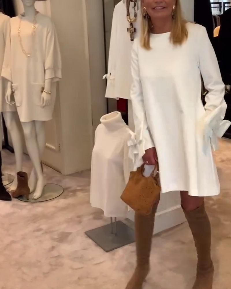 Robe Élégant Col Rond Manche Nœud