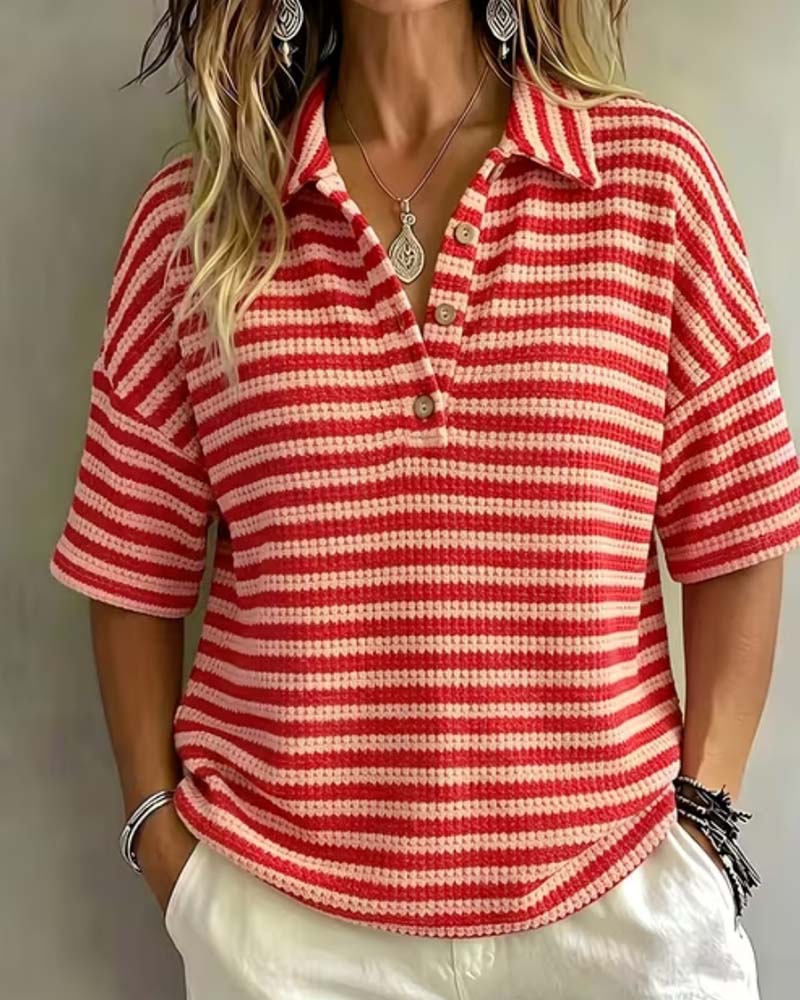 Blouse Col Polo Rayé Bouton Devant