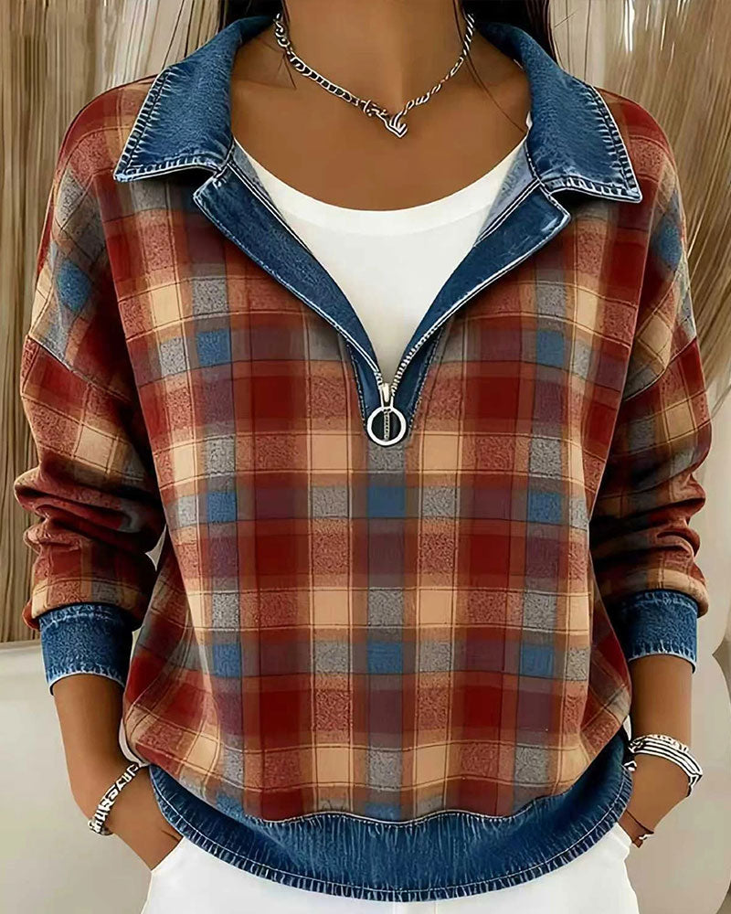 Haut Denim Col Carreau Demi-Fermeture Éclair