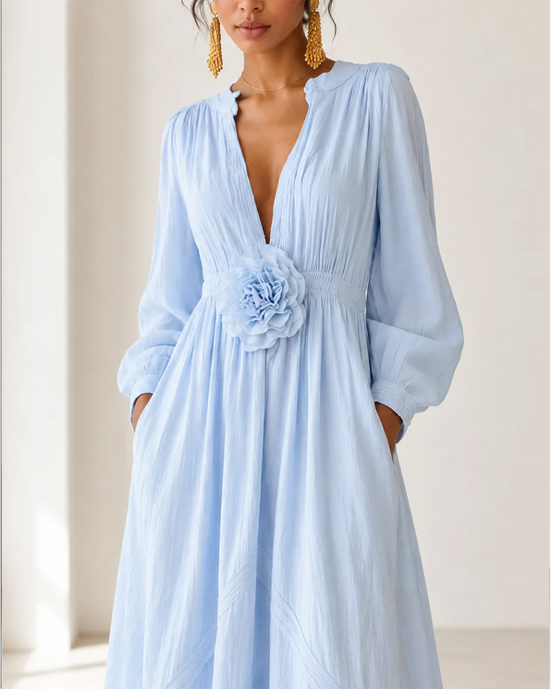 Robe Col En V 3D Fleuri Unie Jupe Ample
