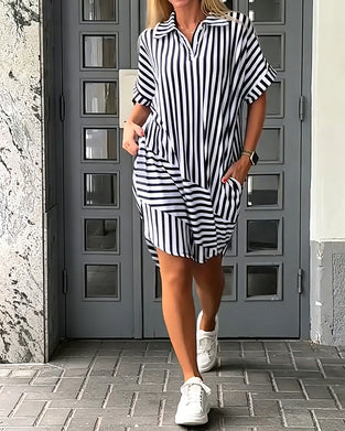 Robe Col Revers Rayures Coupe Irrégulière