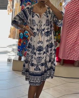 Robe Col Rond Imprimée Manches Courtes Trompette