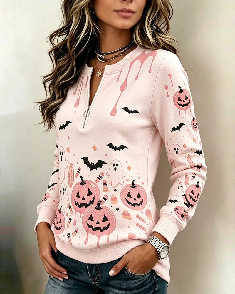 Sweat Capuche Fermeture Éclair Manche Longue Halloween Citrouille