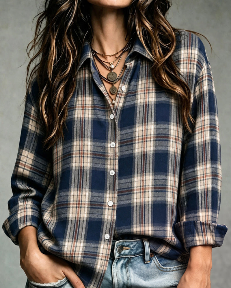 Blouse Col À Carreaux Manches Longues