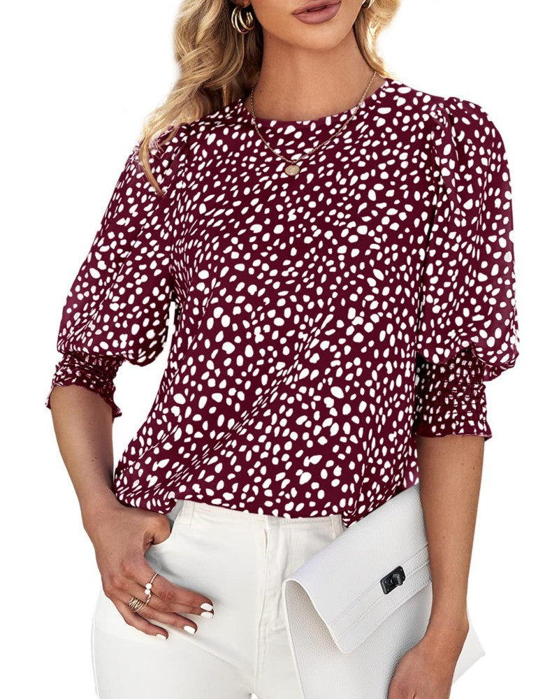 Blouse Florale Col Rond Froncé Mi