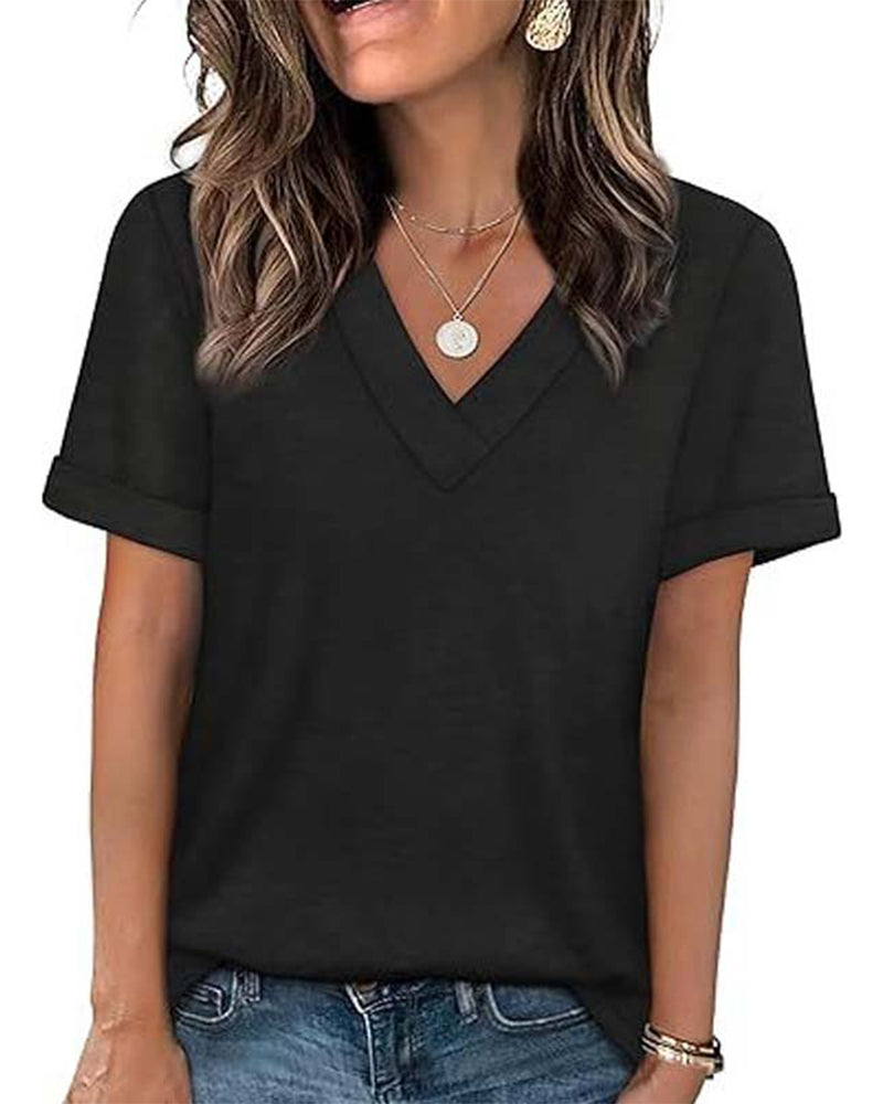 T-Shirt Unie Col En V Décontracté Manches Courtes