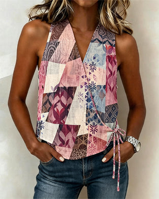 Blouse Décontractée Imprimée À Lacets