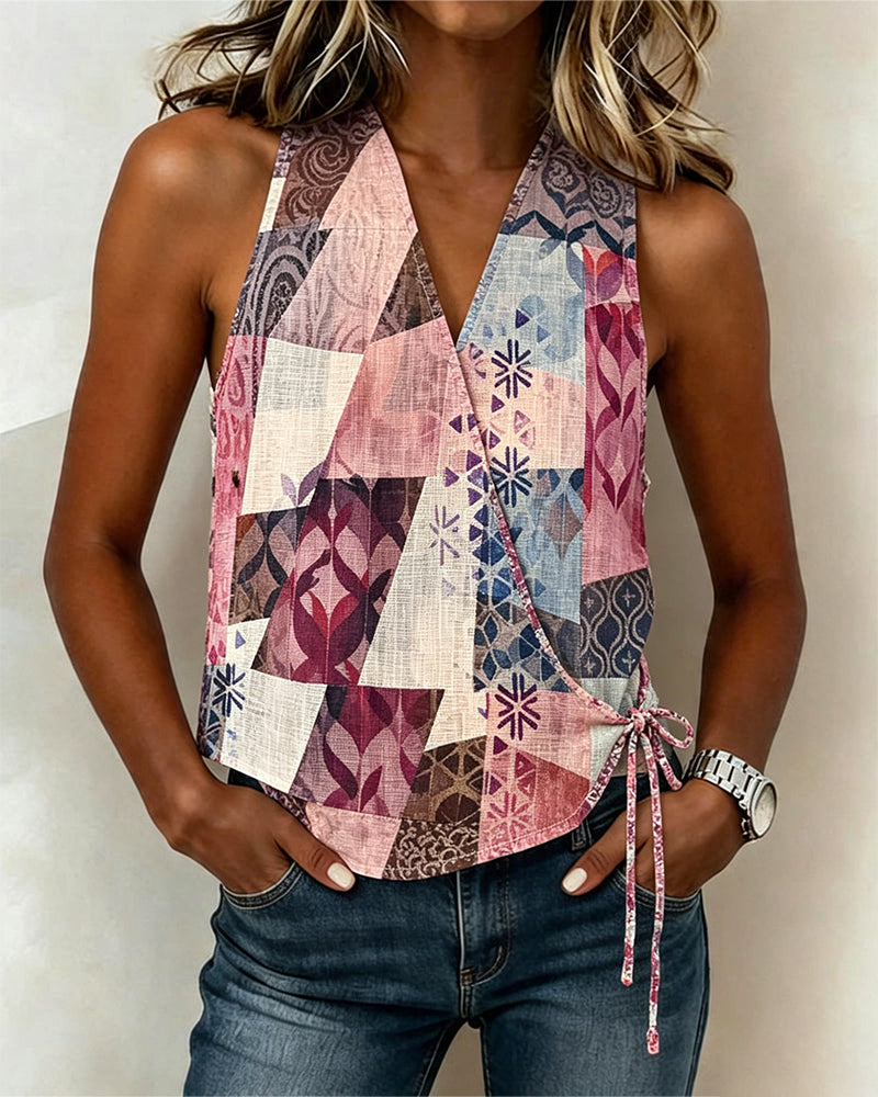 Blouse Décontractée Imprimée À Lacets