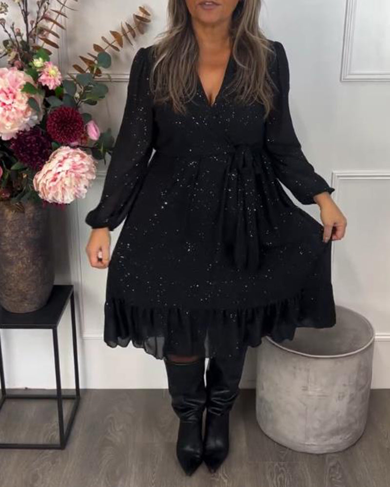 Robe Avec Design à Col V, Détail de Ceinture à Noeud Et Tissu Iridescent