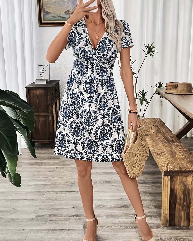 Robe Col En V Froncée Taille Haute Bohémienne