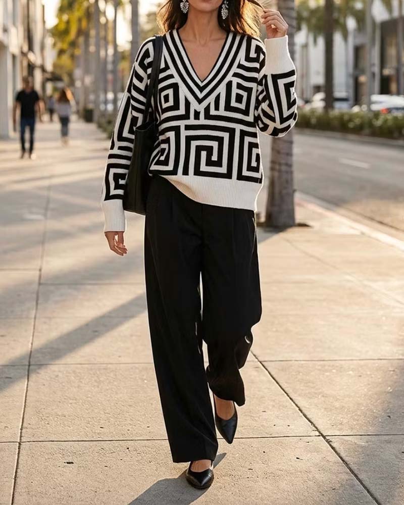 Pulls Motif Géométrique Col En V Tricotés