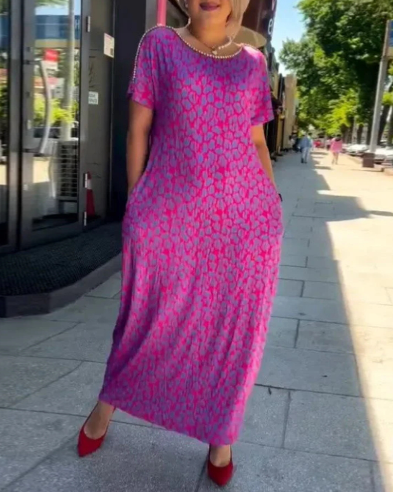 Robe Tempérament Manches Courtes Drapé Imprimé
