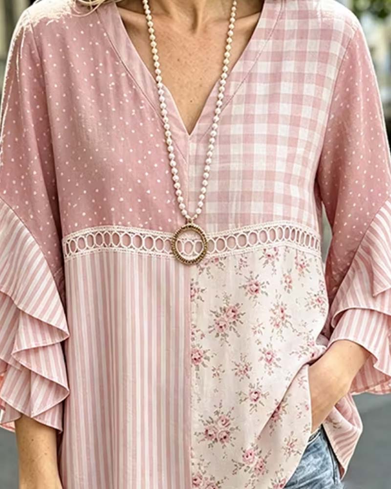 Blouse Double Couche Manches Volantées Imprimé Rayures Pois