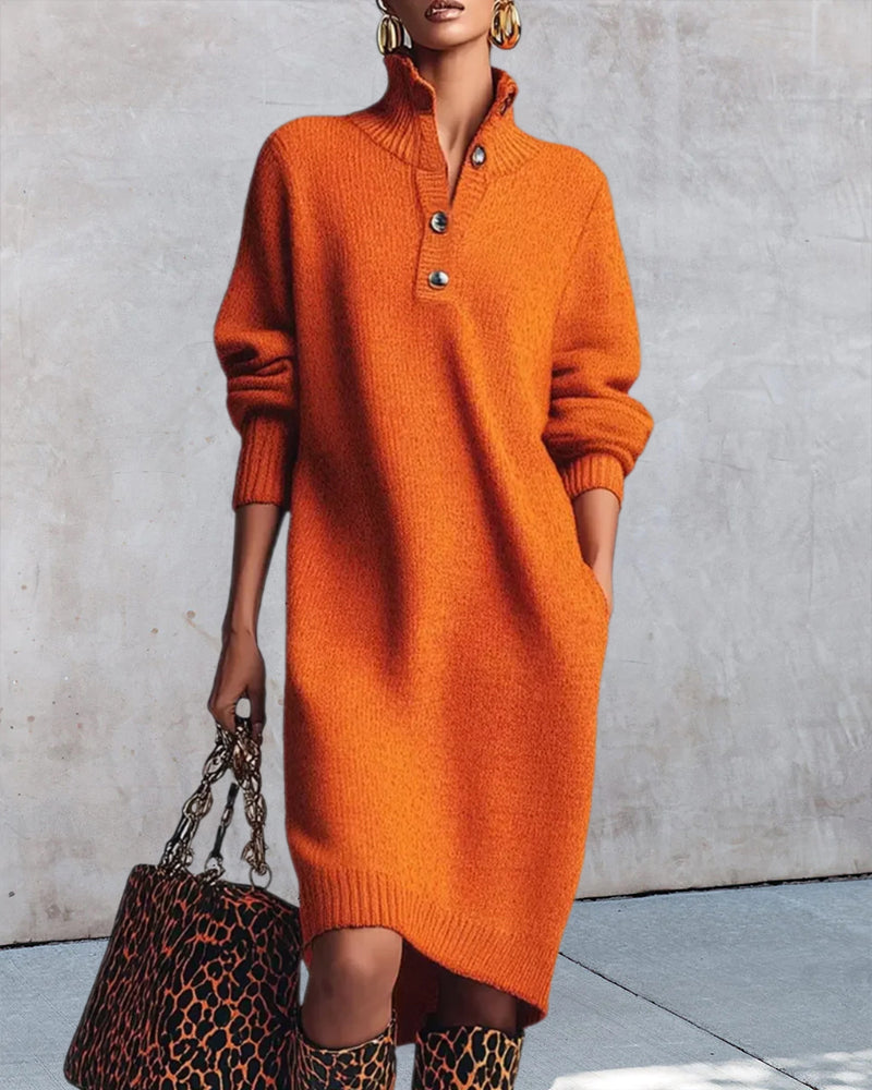 Robe Couleur Unie À Boutons Et Col Haut