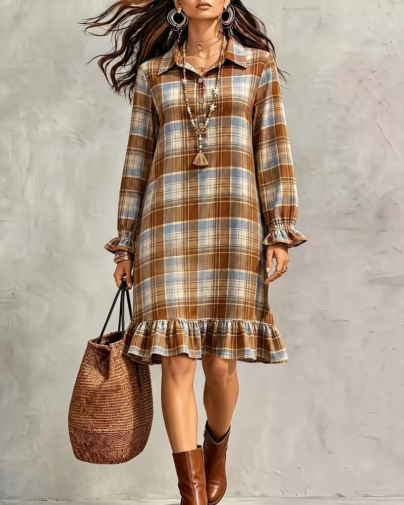 Robe Revers Bouton À Carreaux