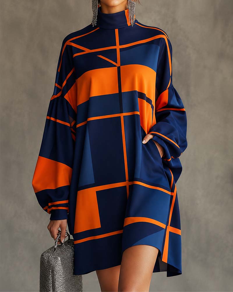 Robe Contraste De Couleur Col Roulé Manche Lanterne
