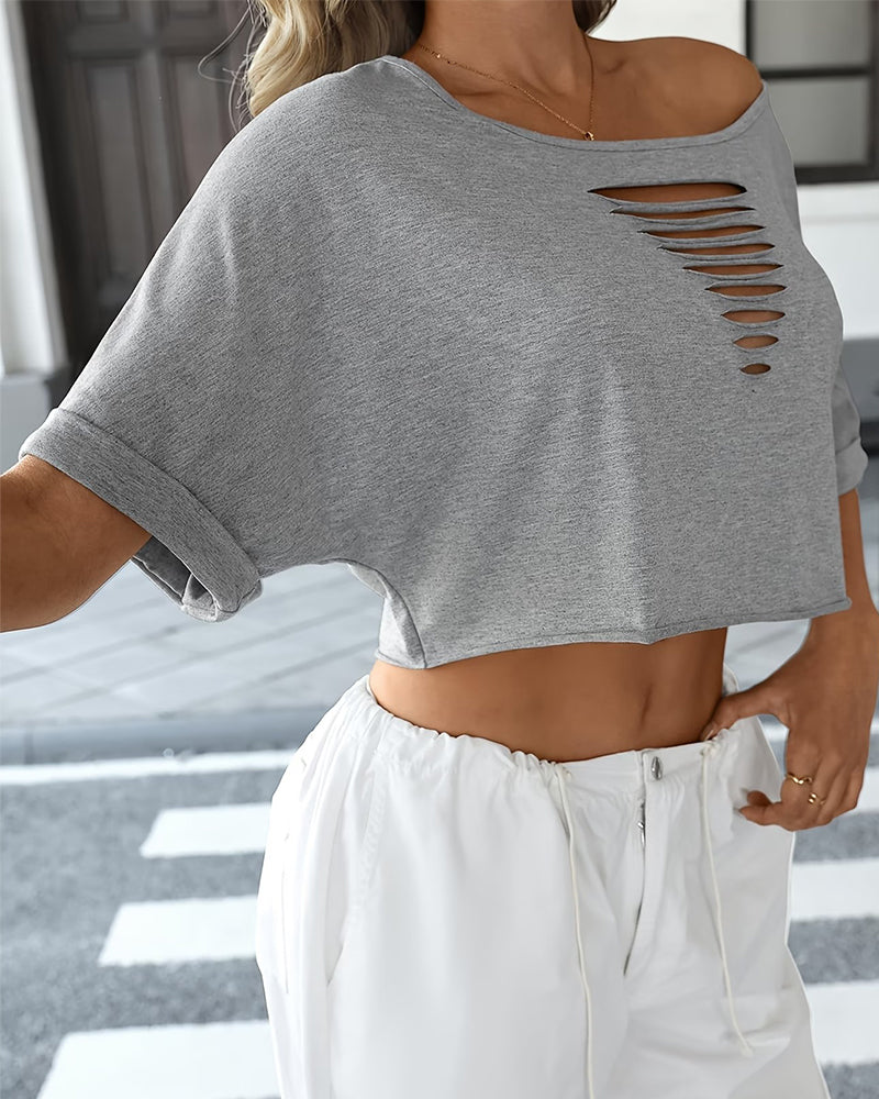 T-Shirts Off-Shoulder Asymétrique Déchiré Ourlet Roulé