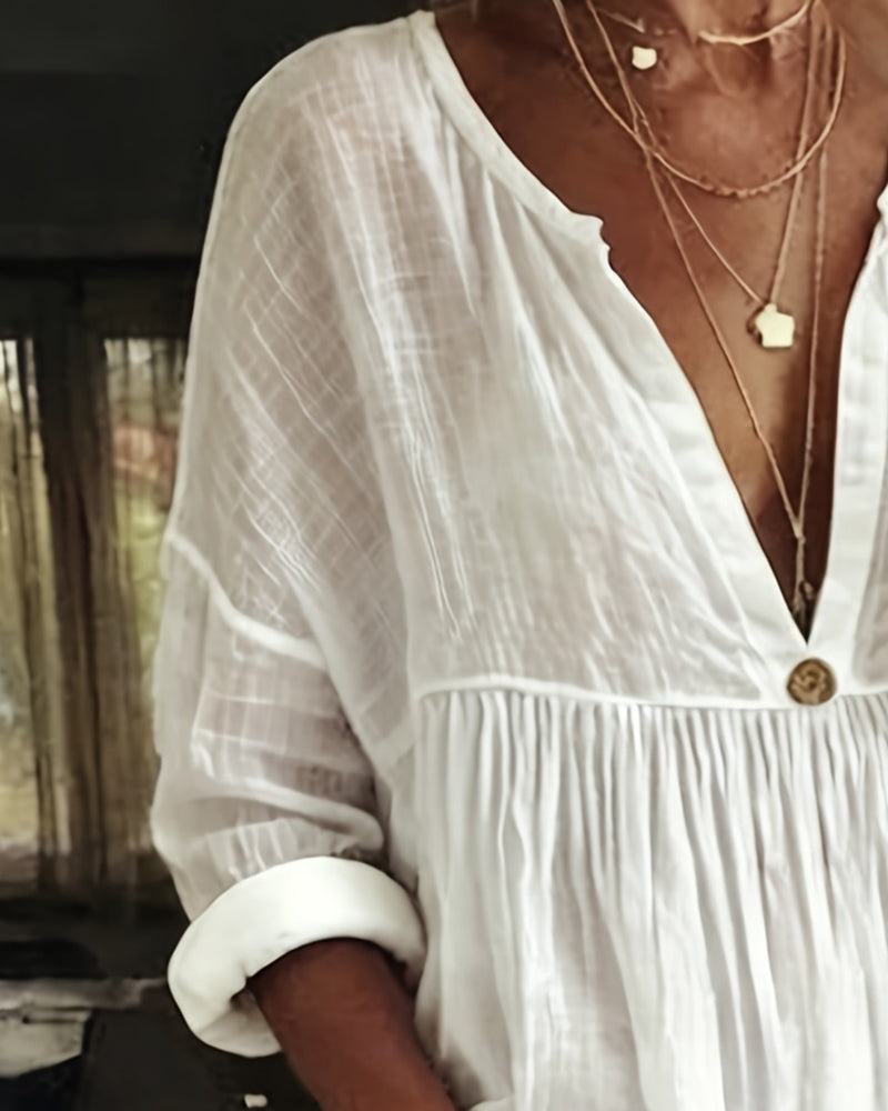 Blouse Encolure V Demi Patte De Boutonnage Manche Longue