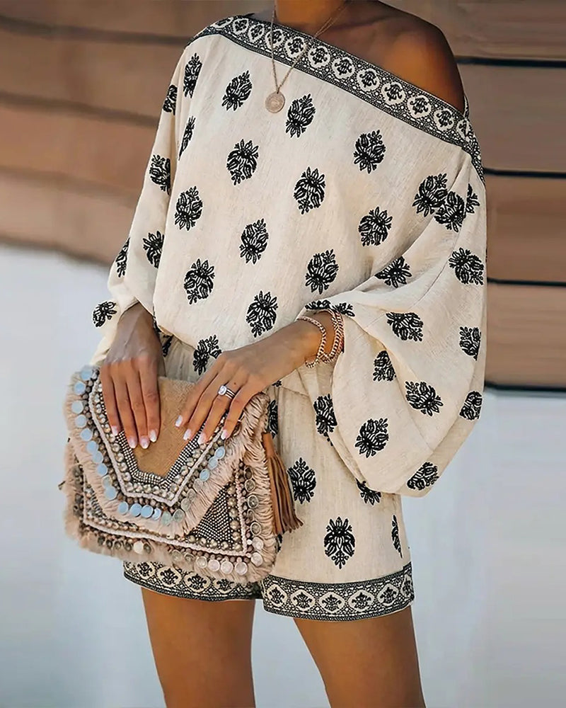 Ensemble Femmes 2 Pièces Tenue Boho Haut Et Shorts