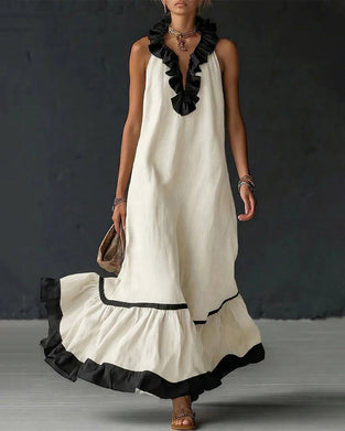 Robe Contraste Volanté Sans Manches Longue