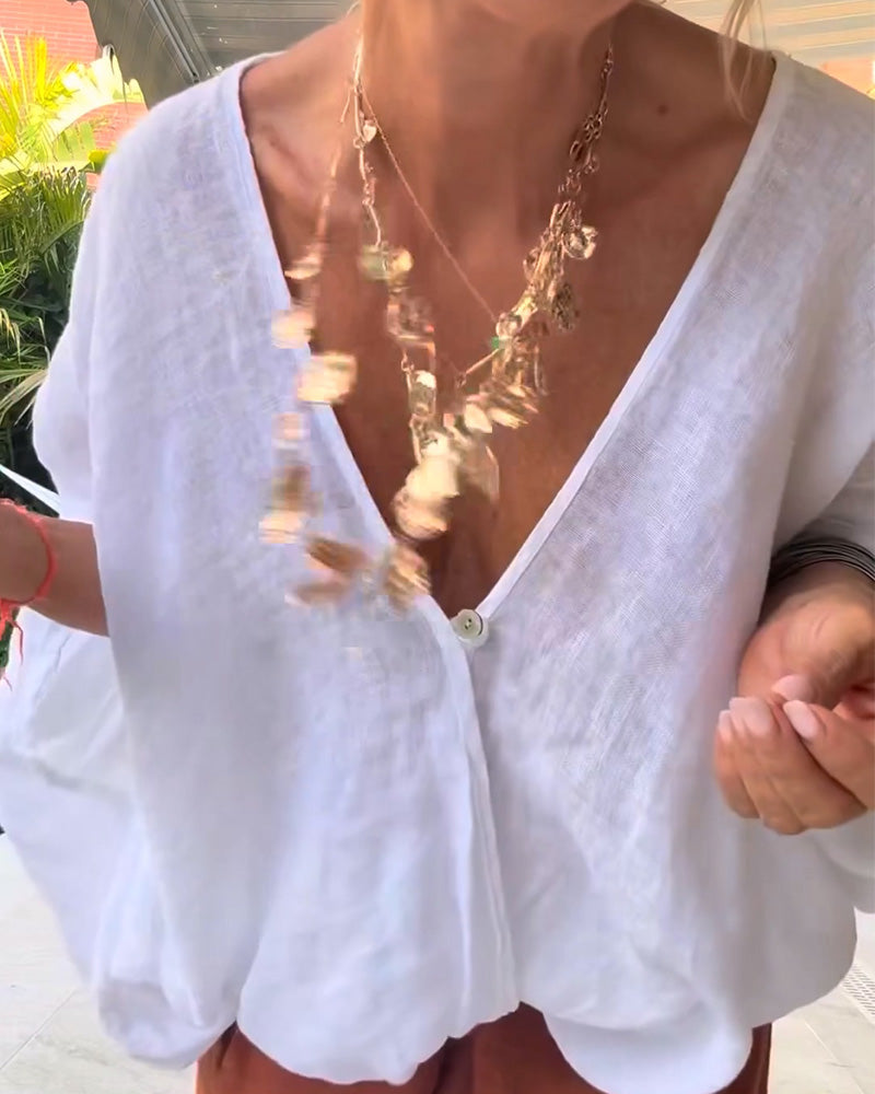 Blouse Col En V Asymétrique Unie Décontractée