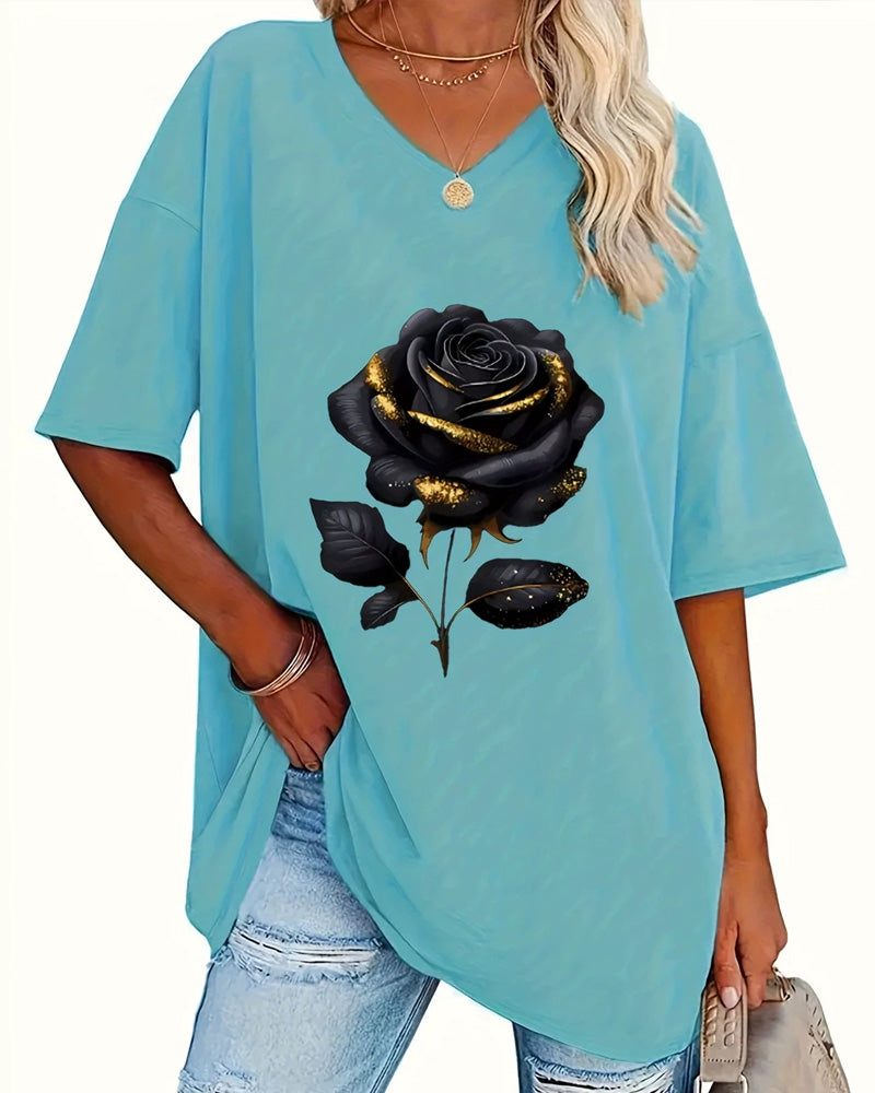 T-Shirt Imprimé Rose Coupe Ample Demi-Manches