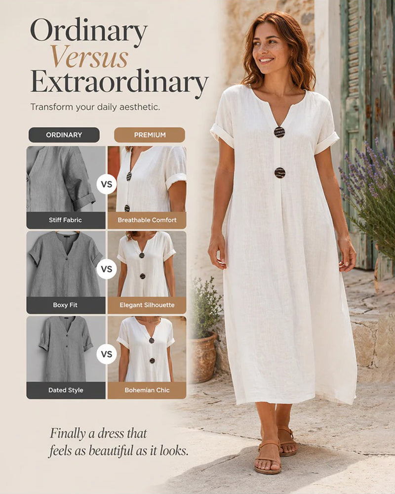 Robe Col V Manches Courtes Boutonnage