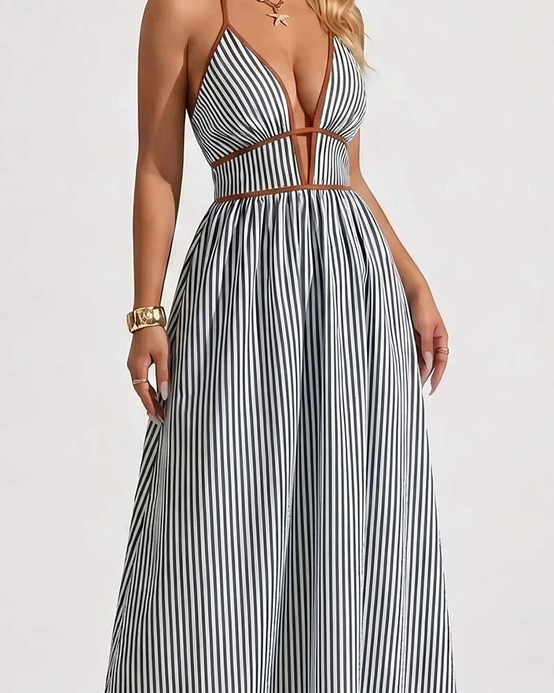 Robes Profond Col V Bretelle Spaghetti Rayure Longue