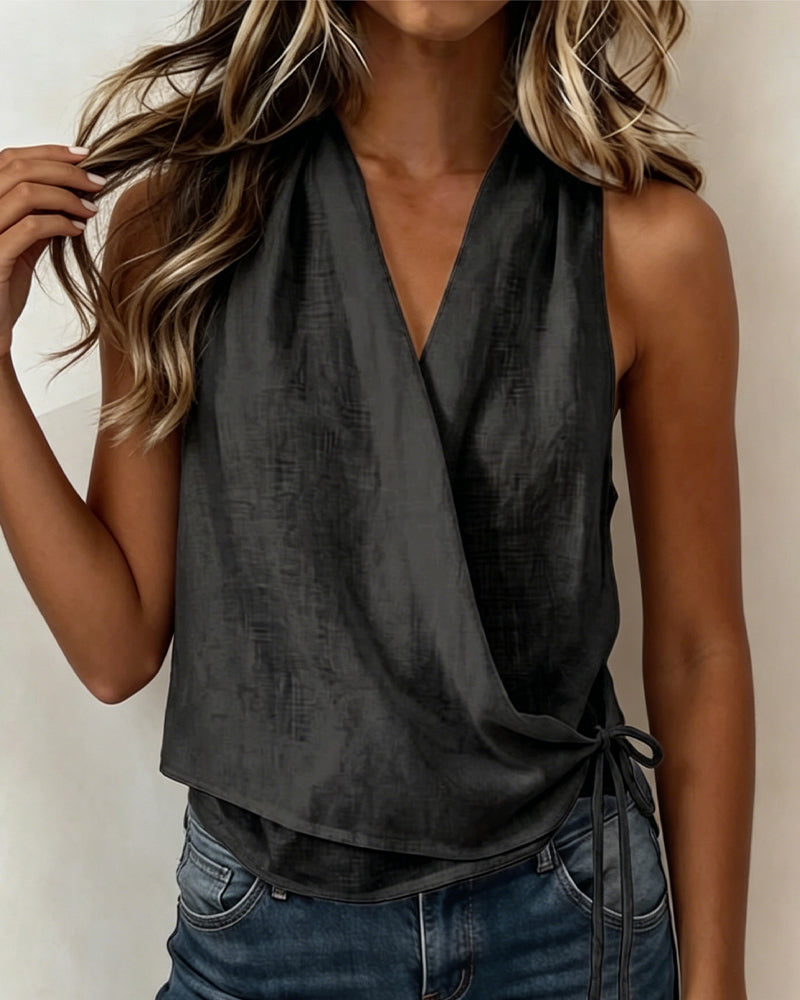 Blouse Unie Sans Manches Encolure Nœud Cou