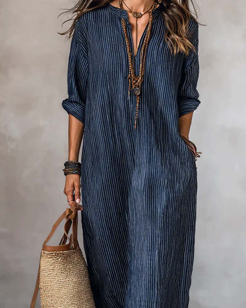 Robe Col En V Rayée Col Mock