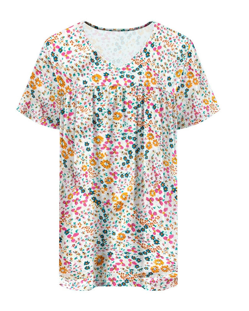 Blouse Fleurie Col V Manches Courtes