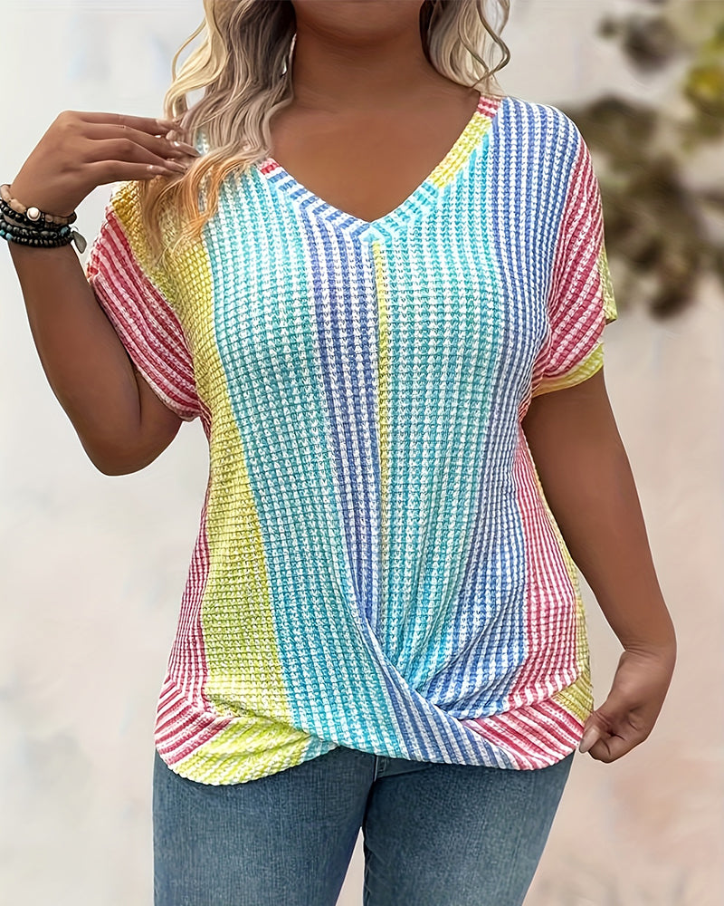 T-Shirt Contraste Couleur Nœud Torsadé Col V