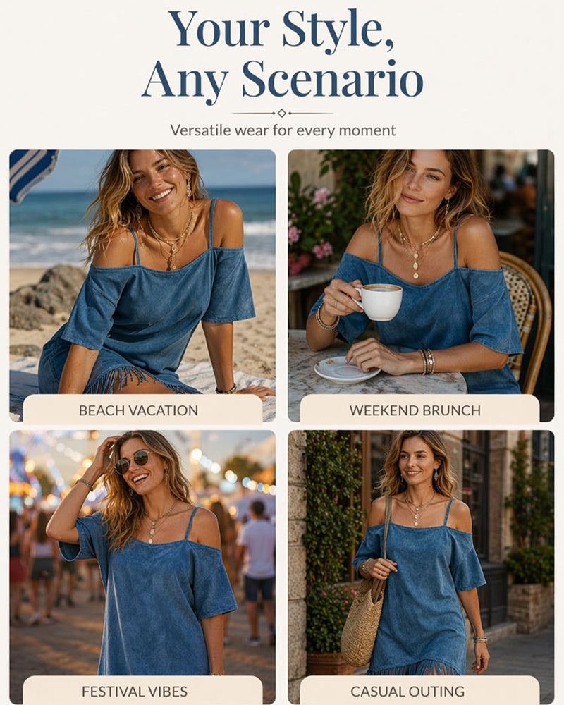 Robe Bretelle Spaghetti Frange Unie Off-Shoulder