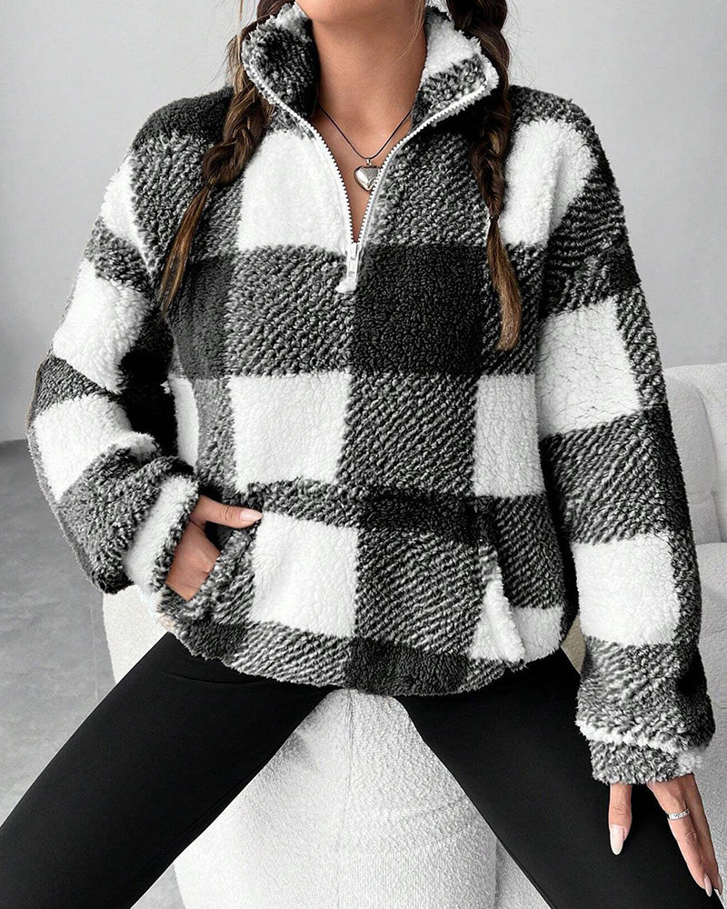 Sweat-Shirt Demi-Zip Col Montant À Carreaux