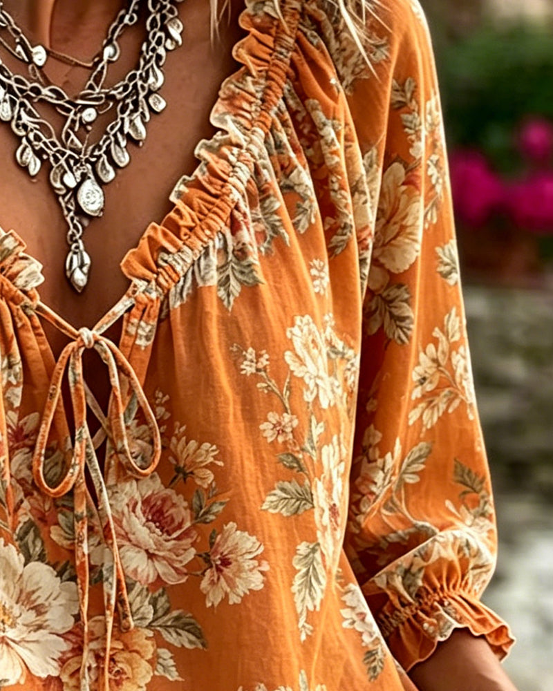 Blouse Florale Col En V Attacher Manches Ballon