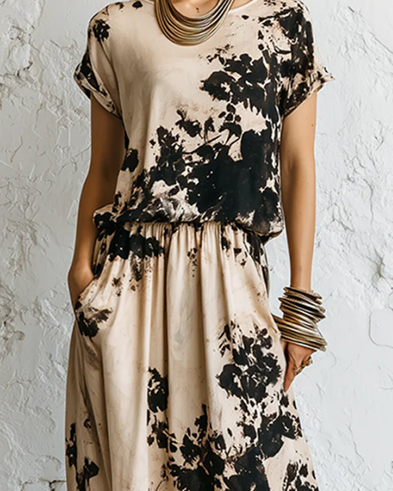 Robe Encre Lavage Imprimé Tricot Maxi