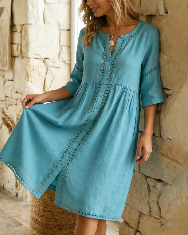 Robe 100% Coton Évidé Col V Boutonnage Devant
