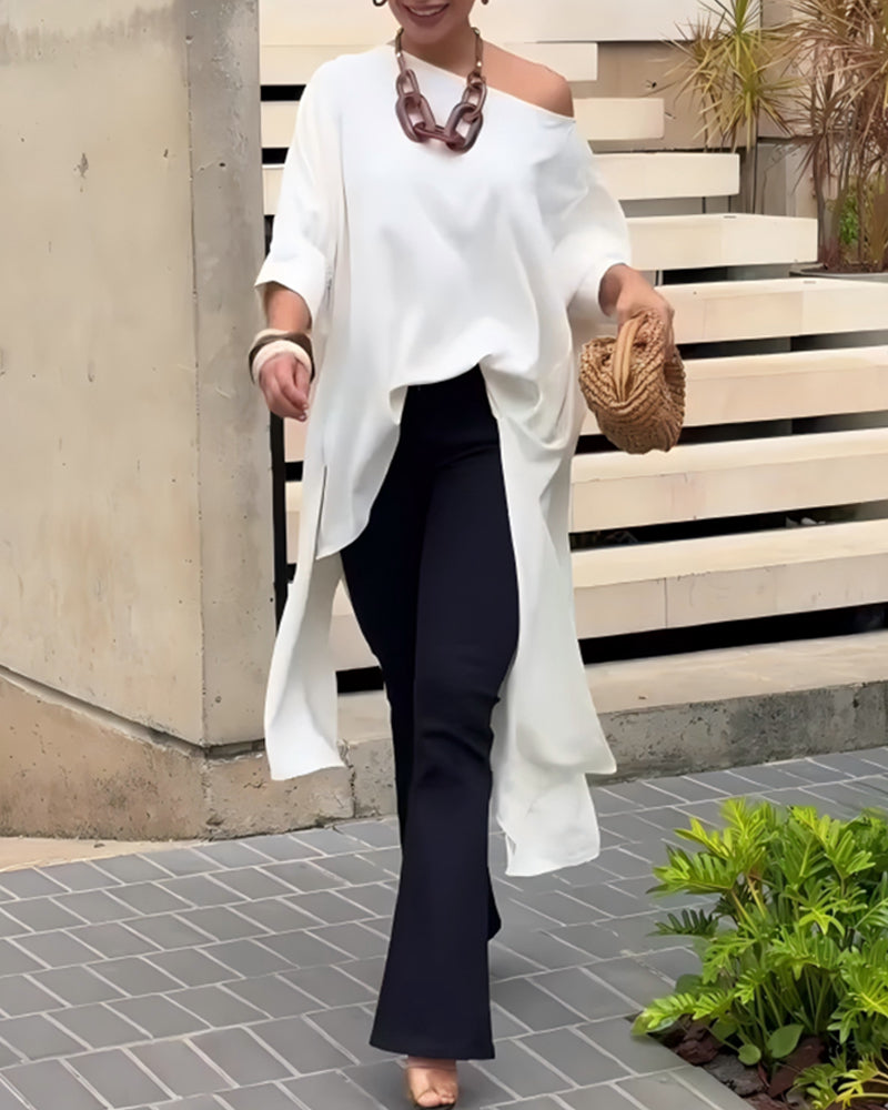 Blouse Col Asymétrique Irrégulier Fente Manche Coude