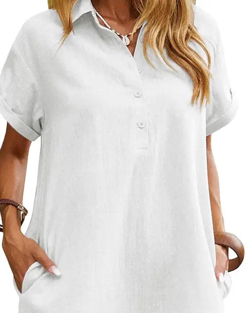 Robe Col Bouton Fente Manches Courtes Décontractée