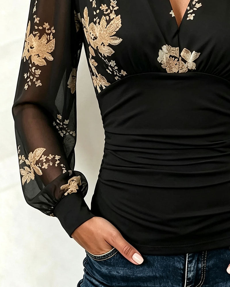 Haut Col V Maille Patchwork Imprimé