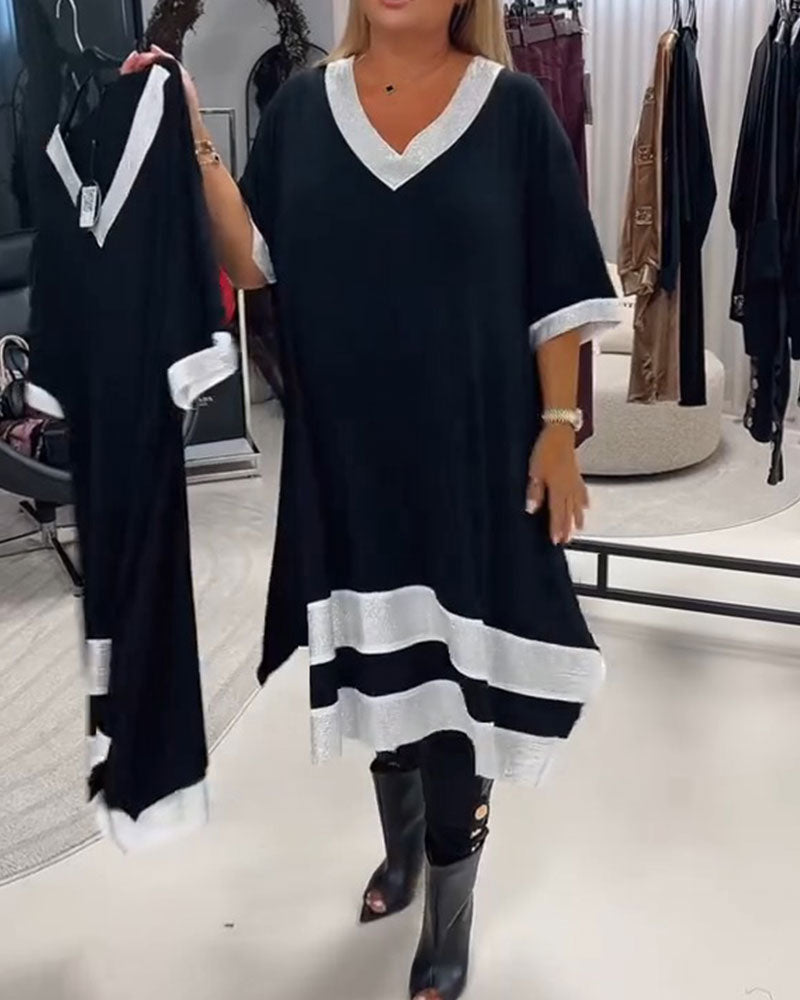 Robe Col En V Manches Courtes Bloc De Couleur Coupe Loose