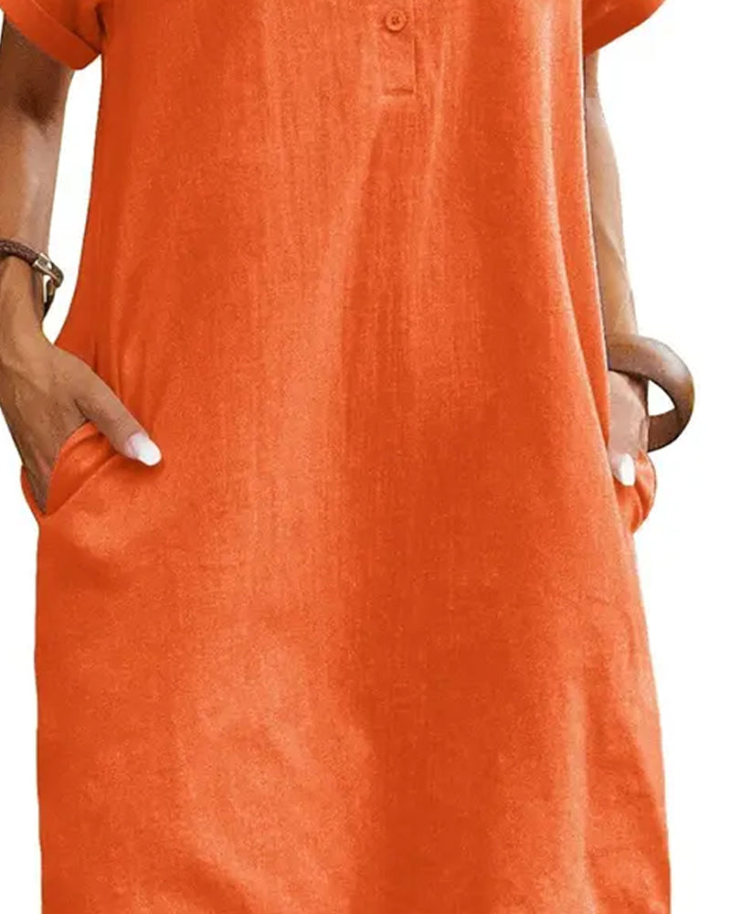 Robe Col Bouton Fente Manches Courtes Décontractée