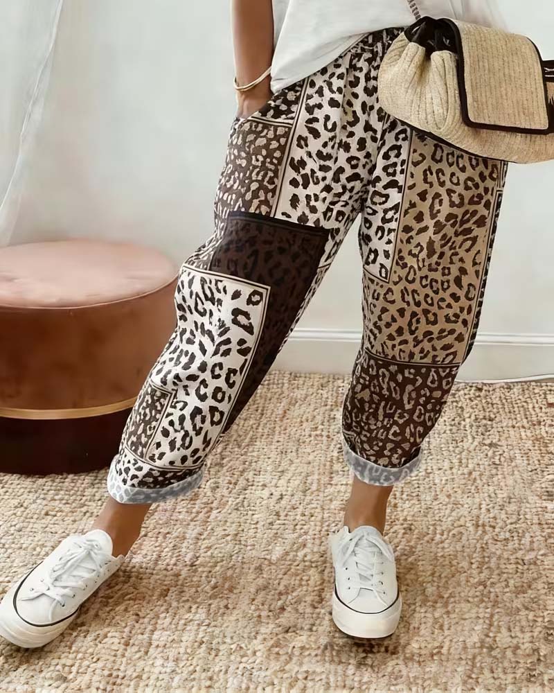 Pantalon Léopard Imprimé Carreau Contraste Patchwork Décontracté