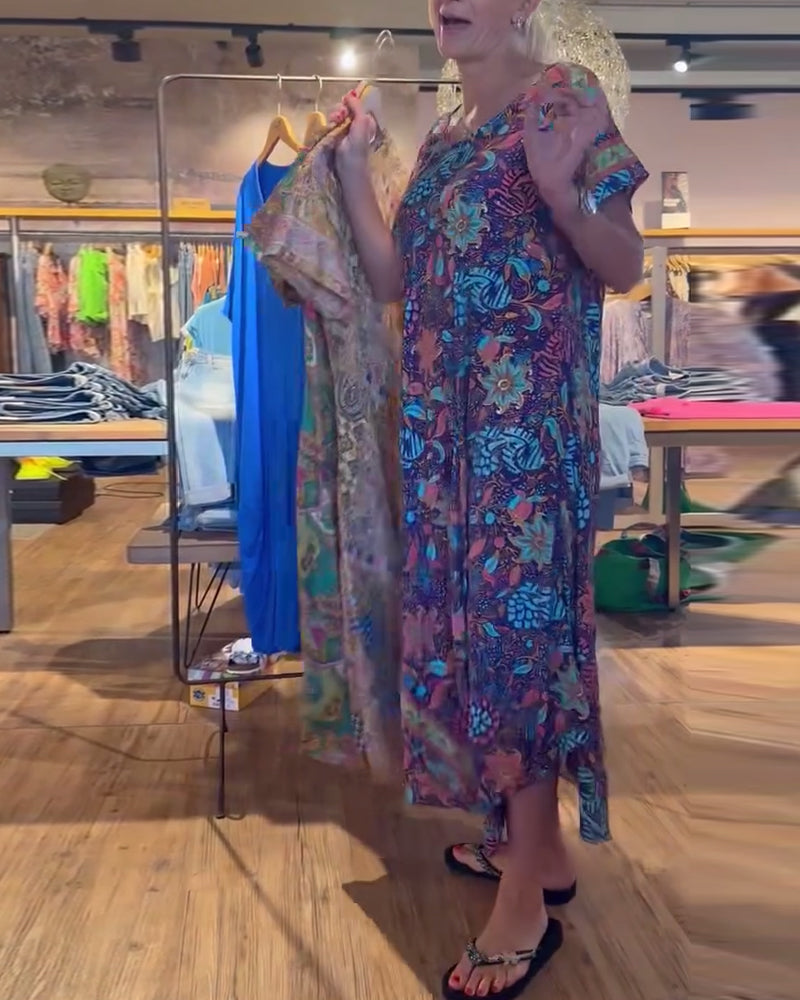 Robe longue imprimée à manches courtes et col rond