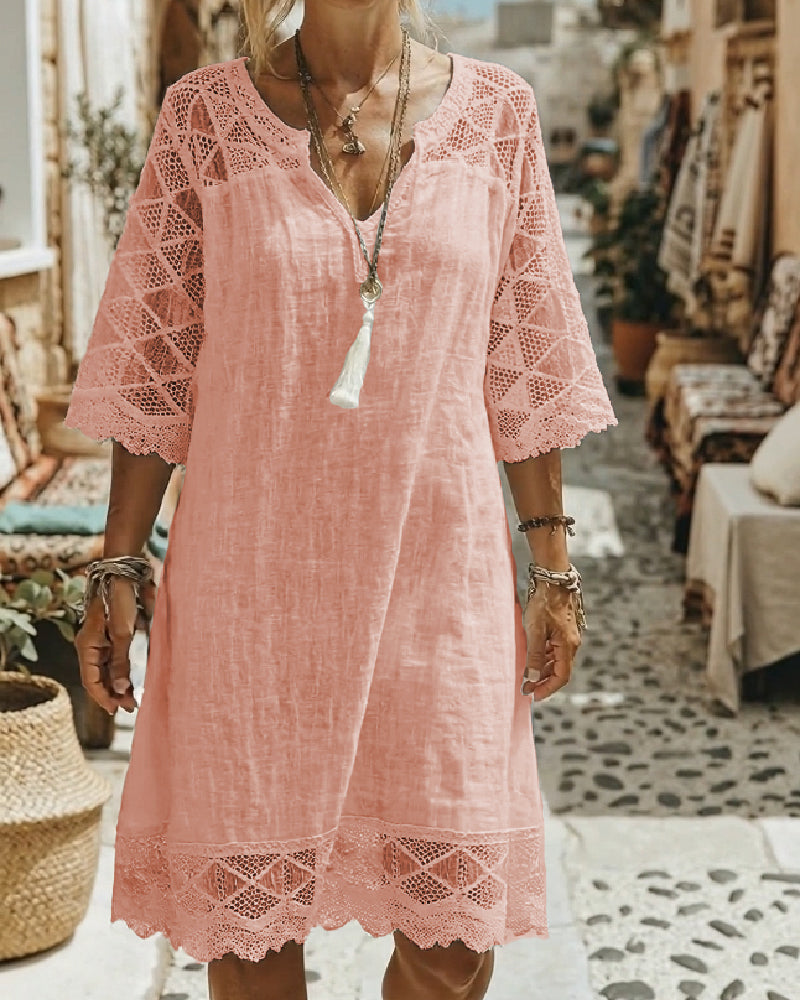 Robe Col V Dentelle Patchwork Décontractée