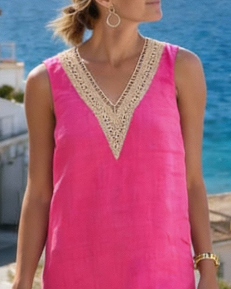 Robe Sans Manches Col V Avec Inserts En Dentelle